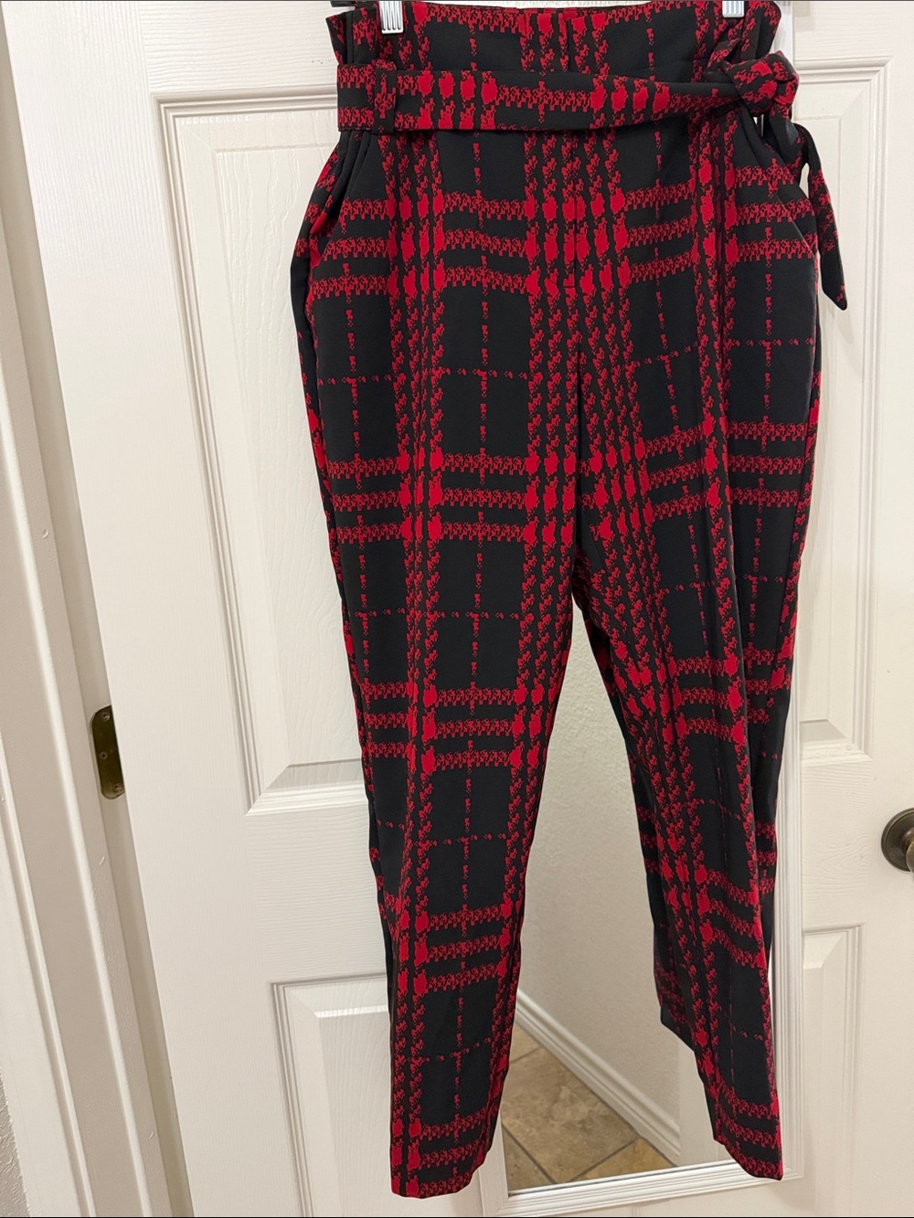 High-Rise Red & Black Plaid Cropped Paperbag Pants with Tie